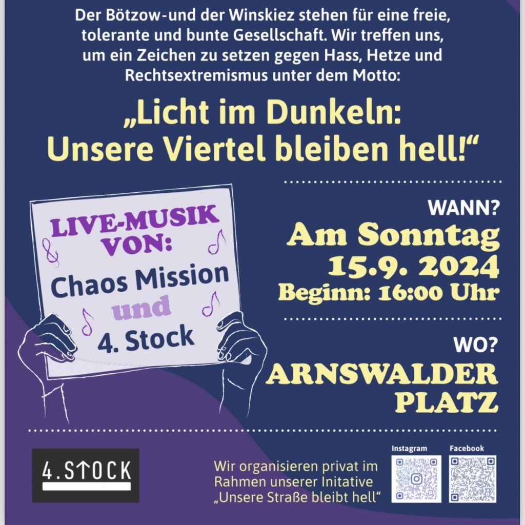 Licht im Dunkeln - Unsere Viertel bleiben hell, 15.9., ab 16 Uhr, Arnswalder Platz
