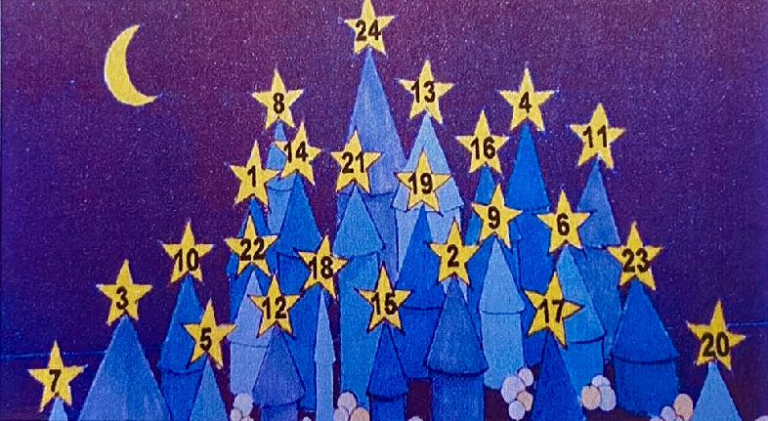 Zeichnung: Blaue Bäumchen mit nummerierter Spitze